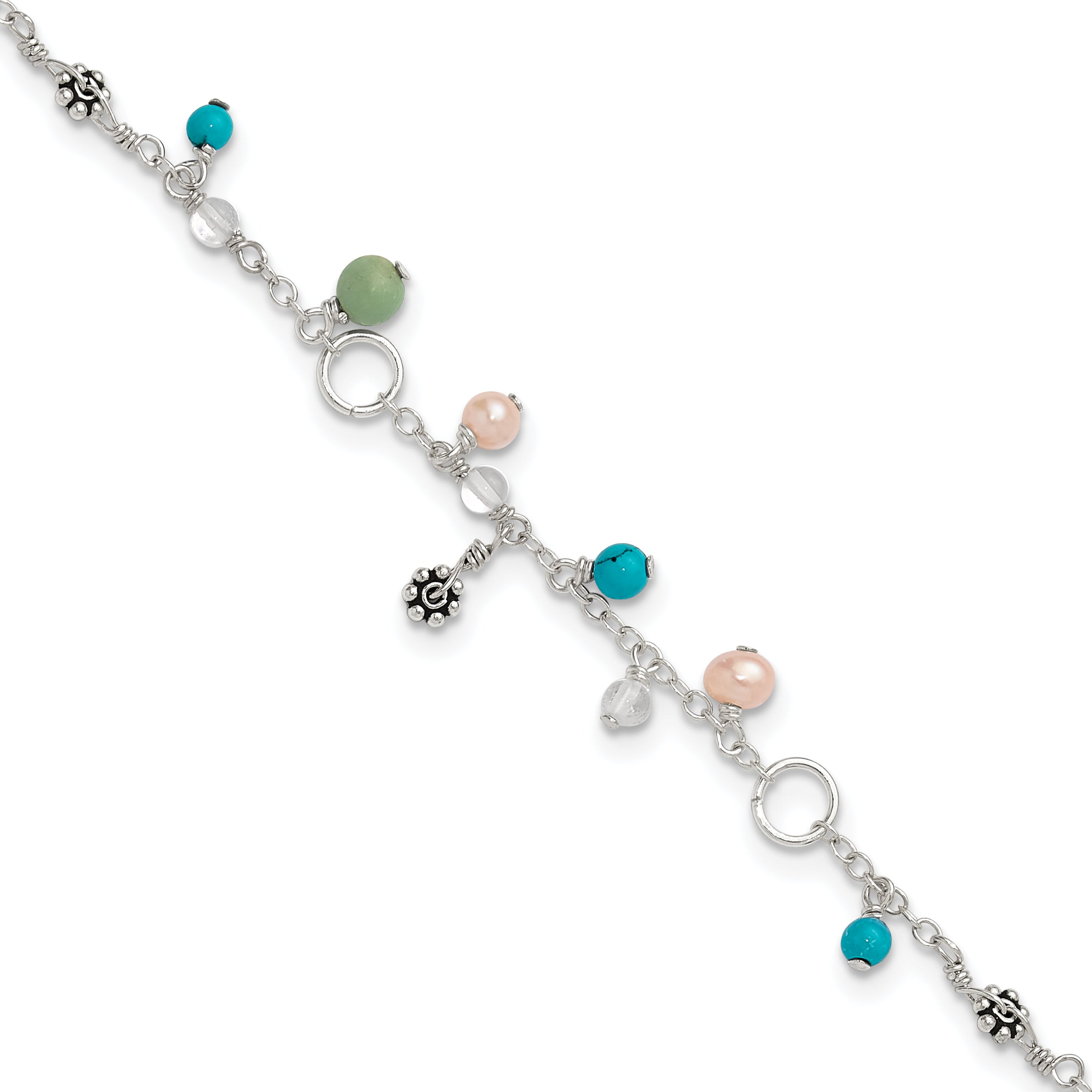 Sterling Silver Turquoise/Clear Bead/FW Cultured Pearl Anklet