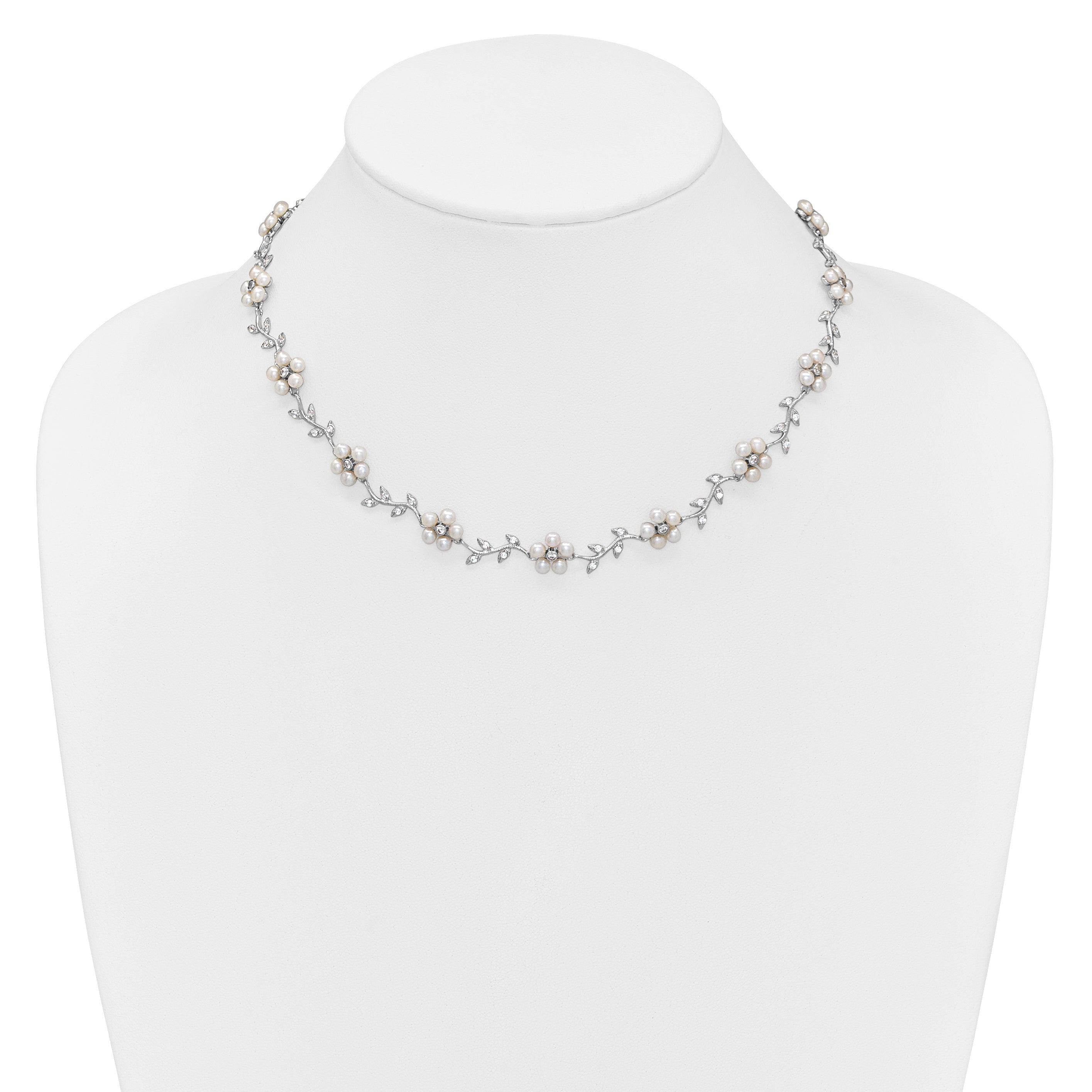 Sterling Silver Rhodium-plated CZ Vine Pattern and Fresheater Cultured Pearl Floral 16 inch Necklace