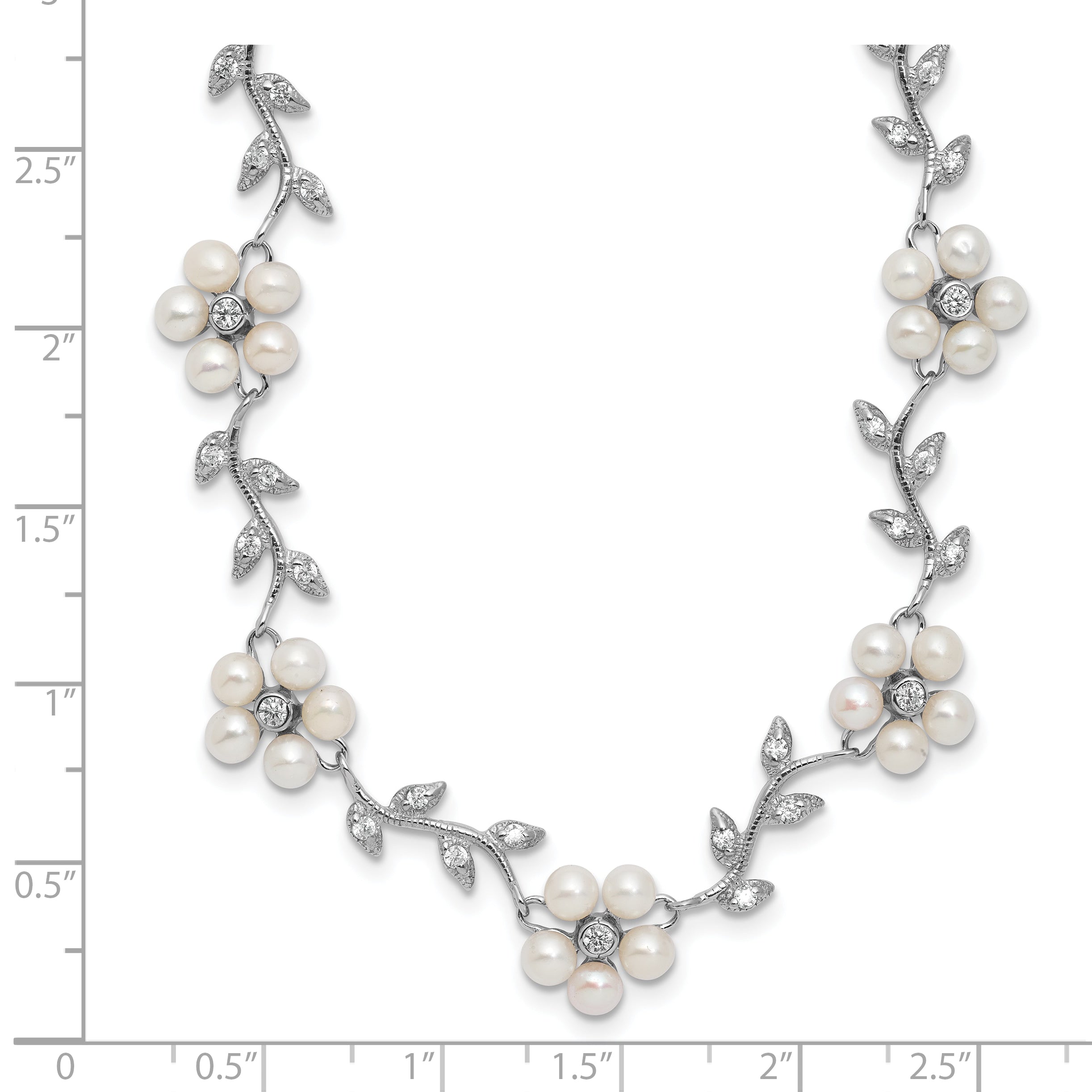 Sterling Silver Rhodium-plated CZ Vine Pattern and Fresheater Cultured Pearl Floral 16 inch Necklace