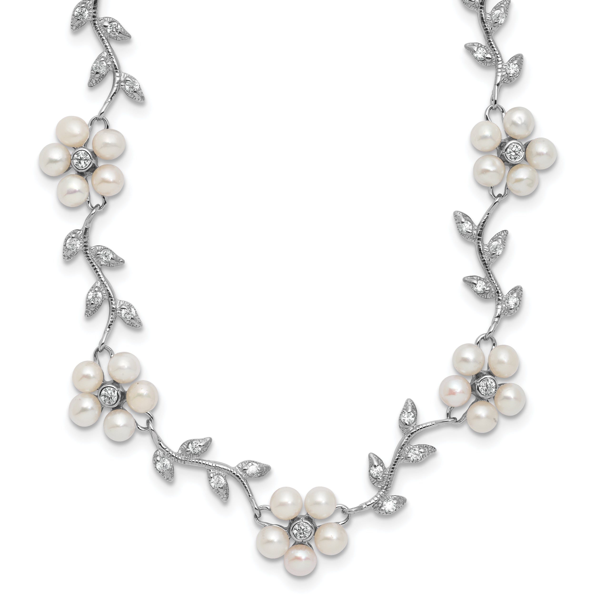 Sterling Silver Rhodium-plated CZ Vine Pattern and Fresheater Cultured Pearl Floral 16 inch Necklace
