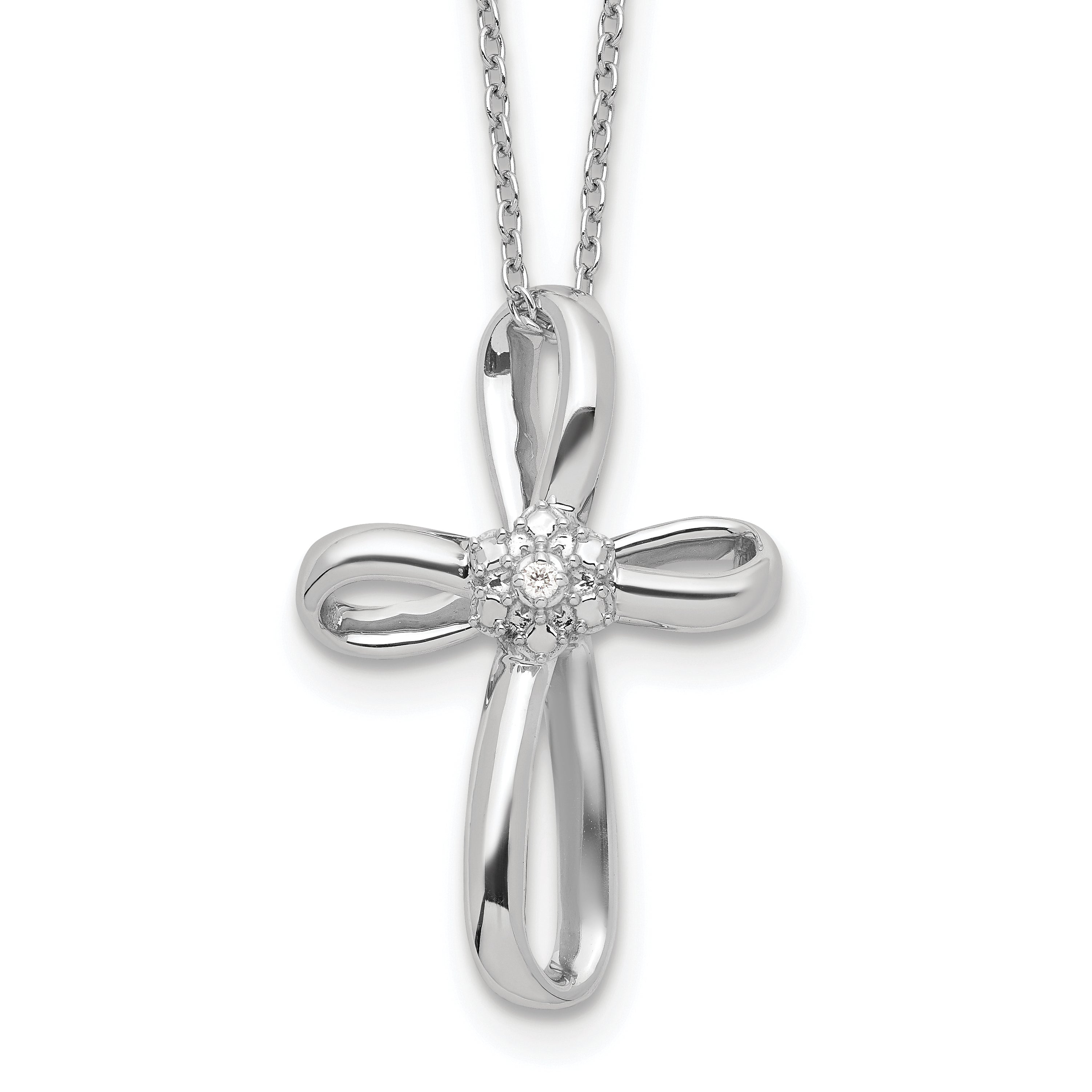 Sterling Silver Rhodium-Plated Cross Diamond Necklace Qg2058
