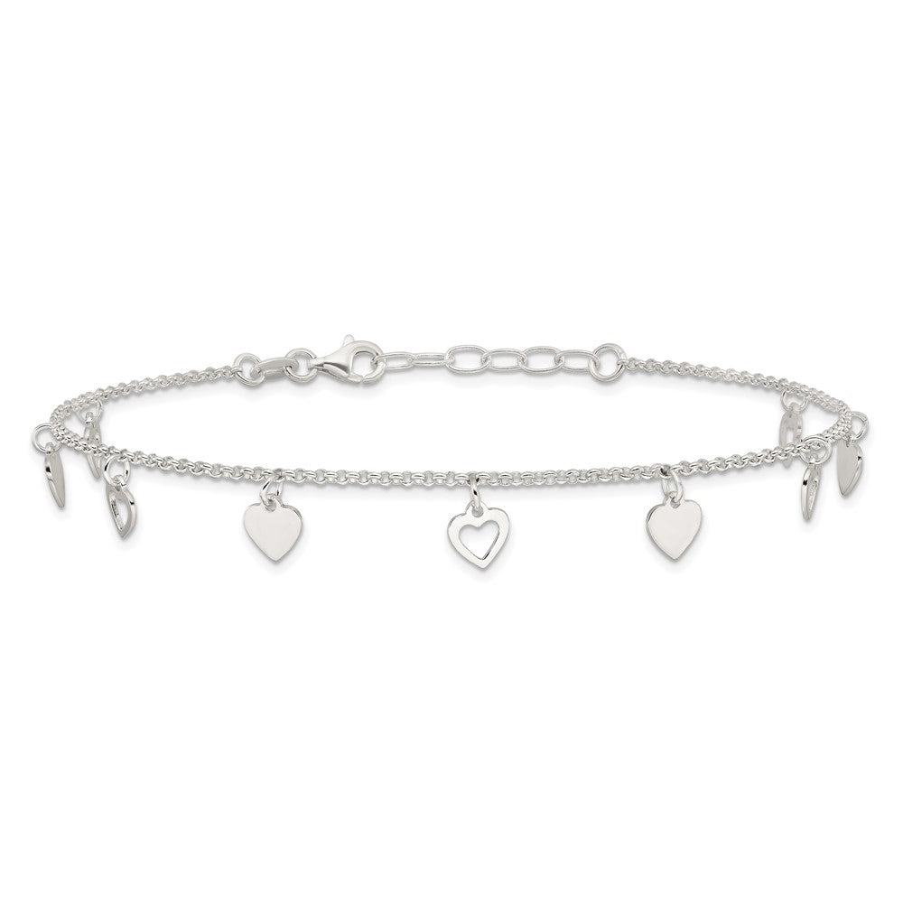 Sterling Silver Polished Hearts 9in Plus 1in Ext. Anklet