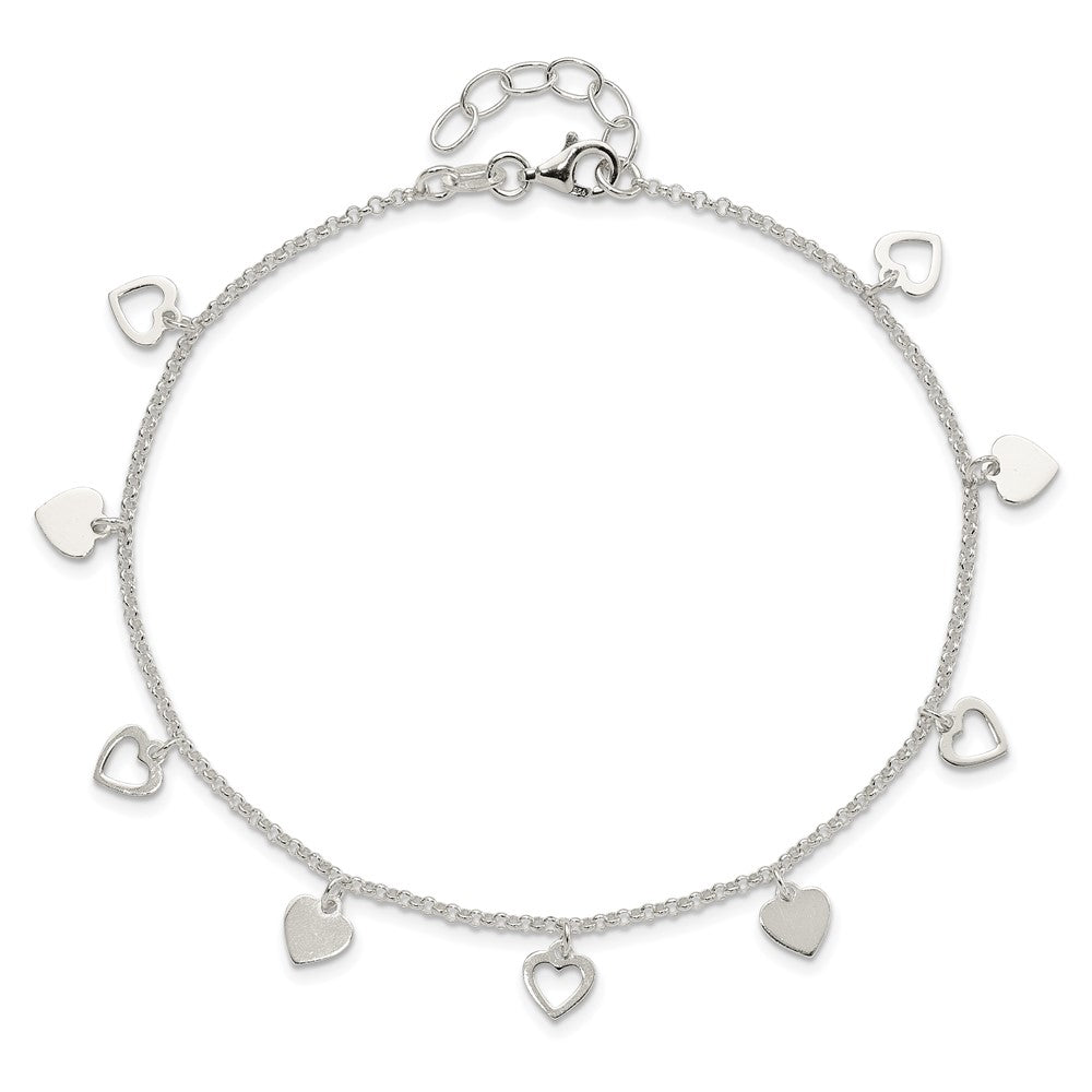 Sterling Silver Polished Hearts 9in Plus 1in Ext. Anklet