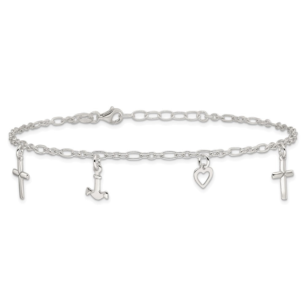 Sterling Silver Cross Heart and Anchor 9in Plus 1in ext Anklet