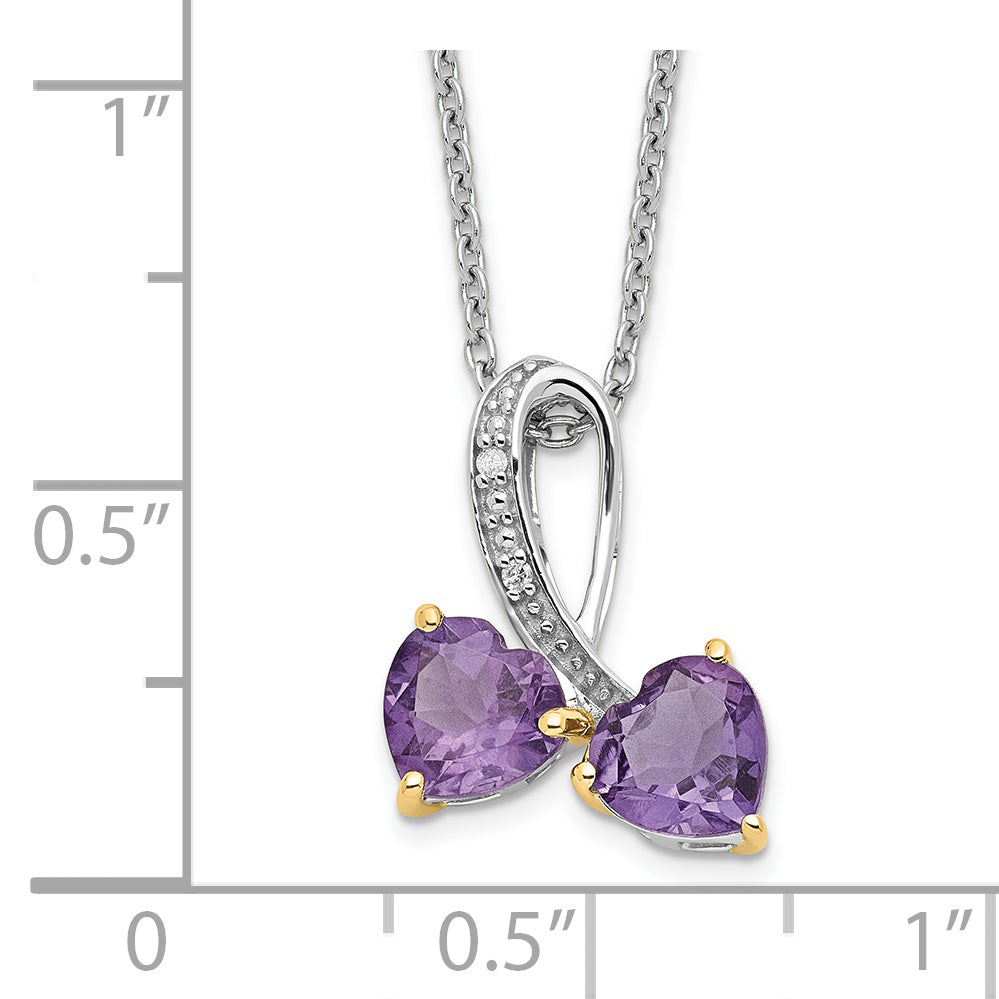 Brilliant Gemstones Sterling Silver with 14K Accent Rhodium-plated Amethyst and Diamond Heart 18 Inch Necklace with 2 Inch Extender