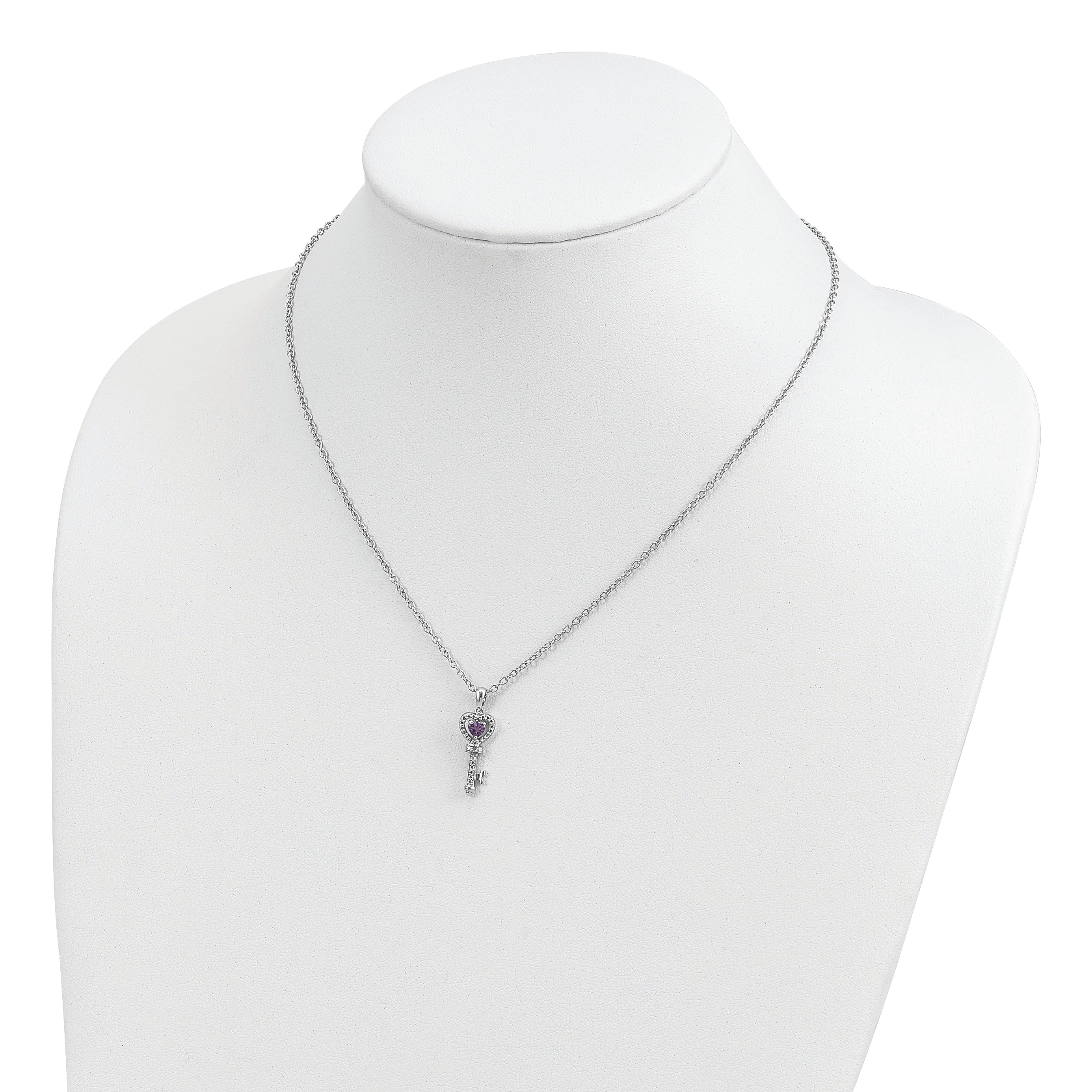 Brilliant Gemstones Sterling Silver with 14K Accent Rhodium-plated Amethyst and Diamond Key 18 Inch Necklace with 2 Inch Extender