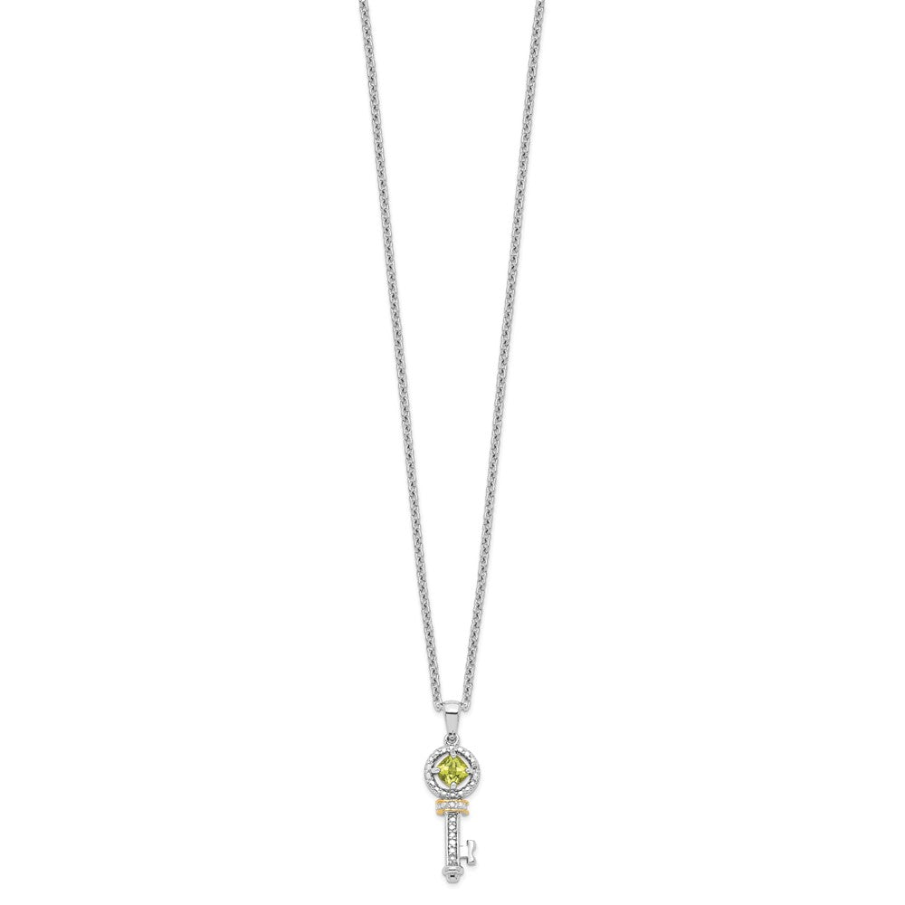 Brilliant Gemstones Sterling Silver with 14K Accent Rhodium-plated Peridot and Diamond Key 18 Inch Necklace with 2 Inch Ex...