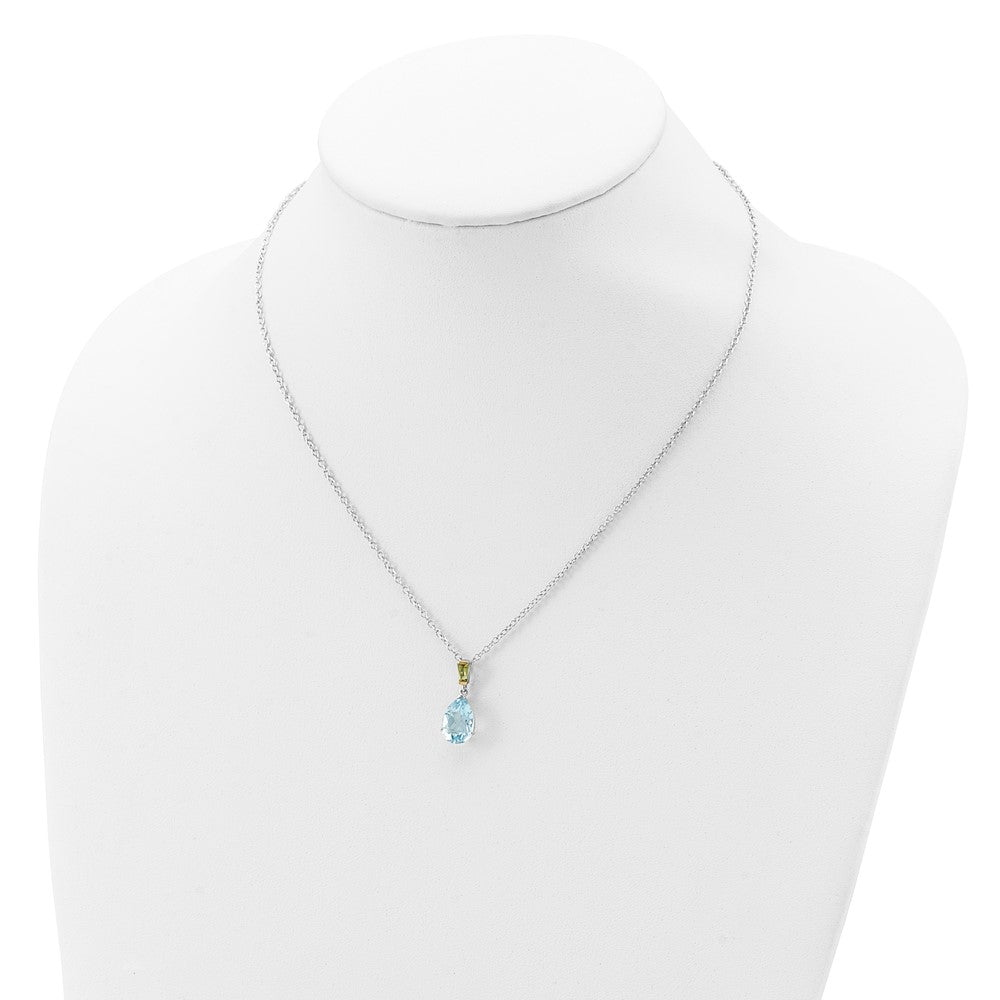 Brilliant Gemstones Sterling Silver with14K Accent Rhodium-plated Sky Blue Topaz and Peridot 18 Inch Necklace with 2 Inch ...