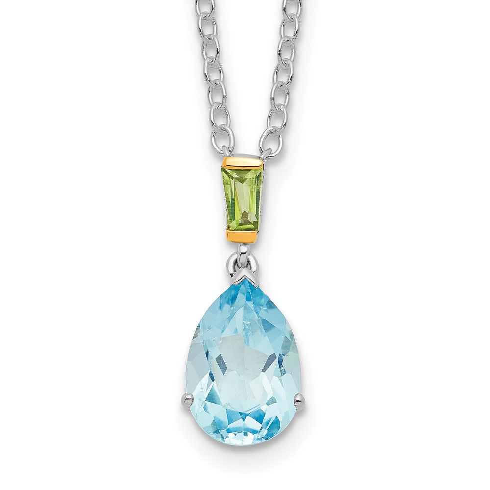 Brilliant Gemstones Sterling Silver with14K Accent Rhodium-plated Sky Blue Topaz and Peridot 18 Inch Necklace with 2 Inch ...