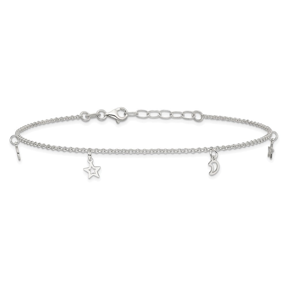Sterling Silver Moon and Stars 9in Plus 1in Ext. Anklet