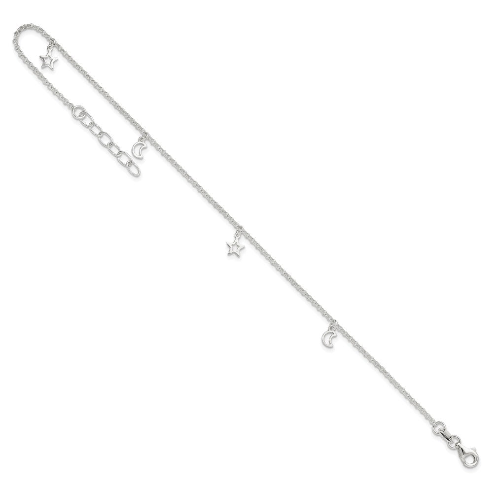 Sterling Silver Moon and Stars 9in Plus 1in Ext. Anklet