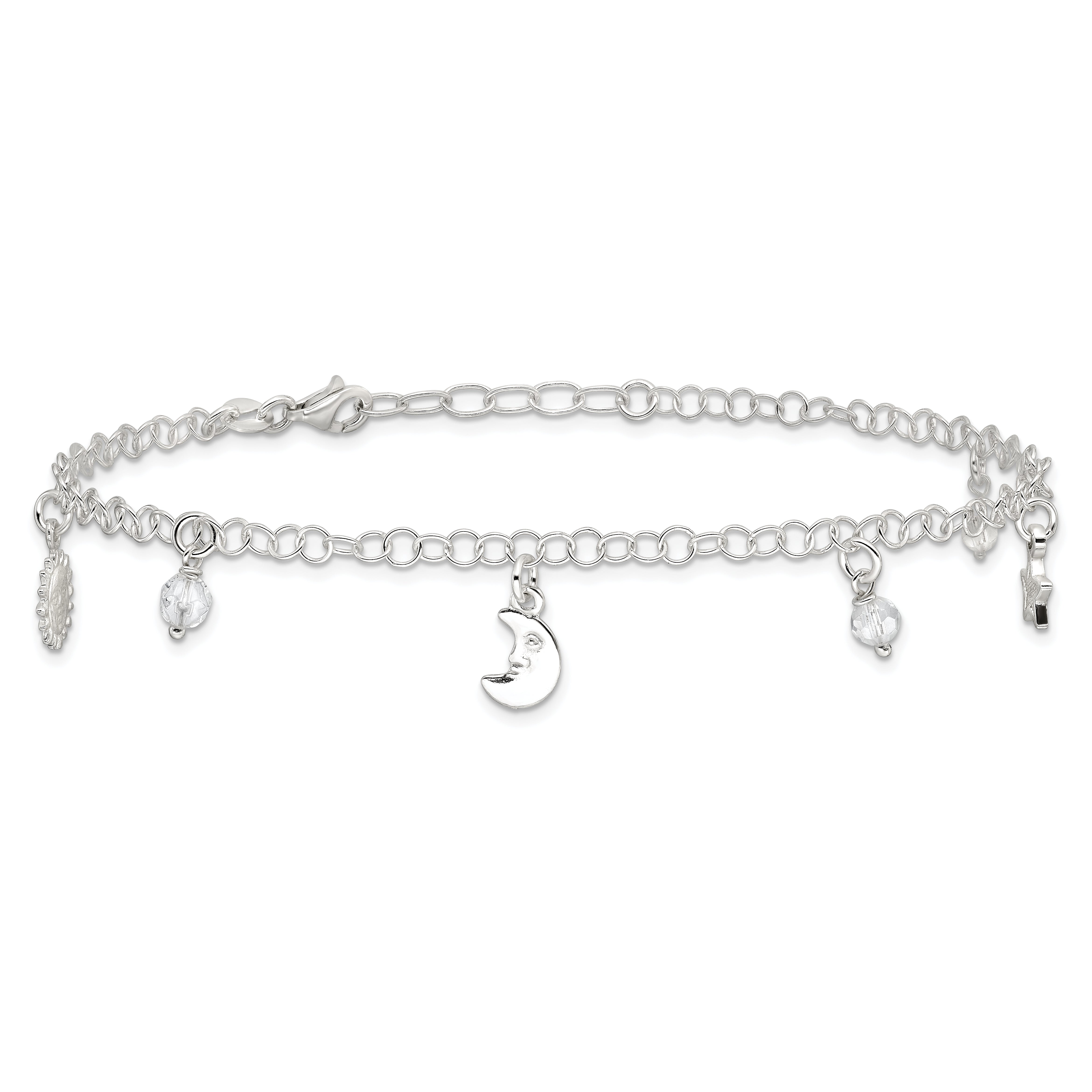 Sterling Silver Polished Sun Moon and Stars 9in Plus 1in Ext. Anklet