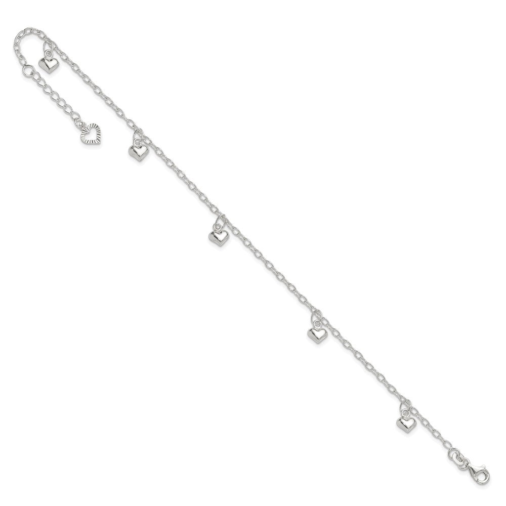 Sterling Silver Polished Puffed Heart 9in Plus1in Ext Anklet