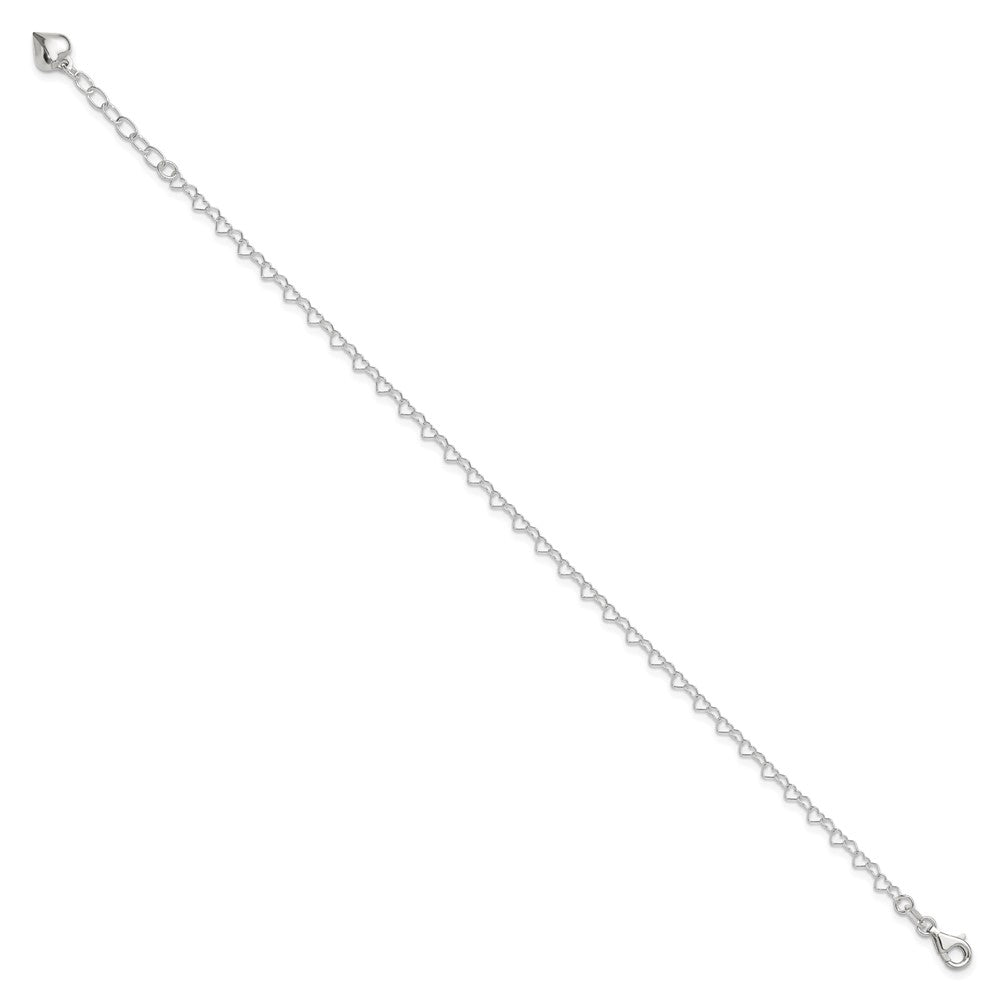 Sterling Silver Polished Puffed Heart 9in Plus 1in ext. Anklet