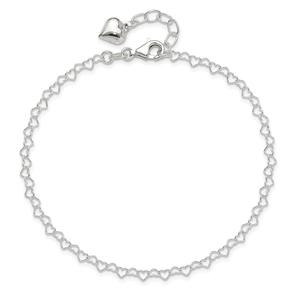 Sterling Silver Polished Puffed Heart 9in Plus 1in ext. Anklet