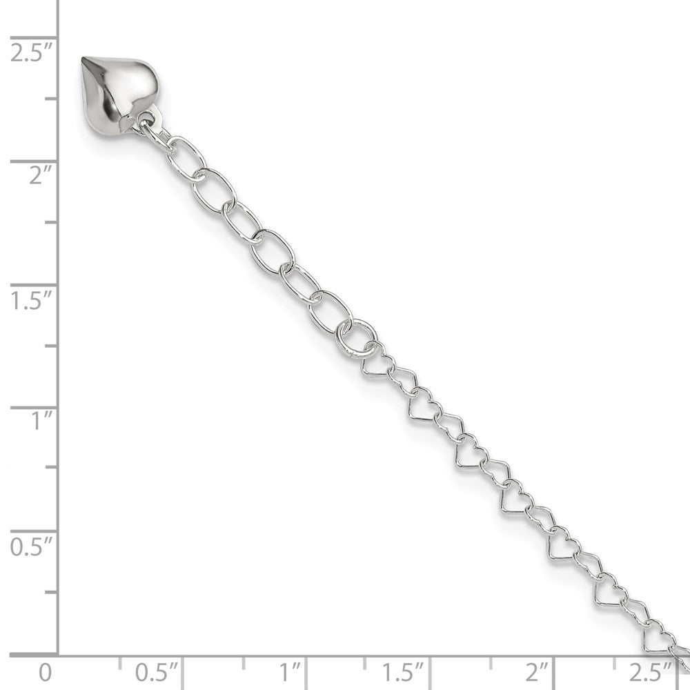 Sterling Silver Polished Puffed Heart 9in Plus 1in ext. Anklet