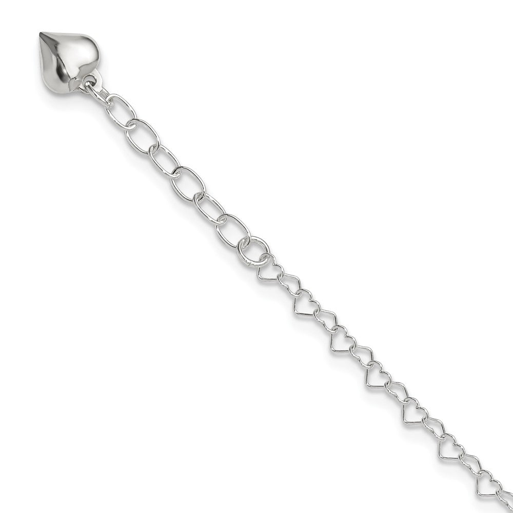 Sterling Silver Polished Puffed Heart 9in Plus 1in ext. Anklet