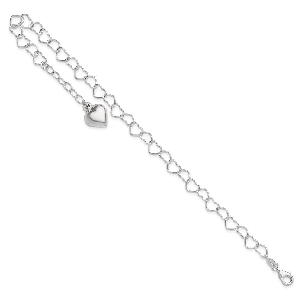 Sterling Silver Polished Puffed Heart 9 in Plus 1in ext. Anklet