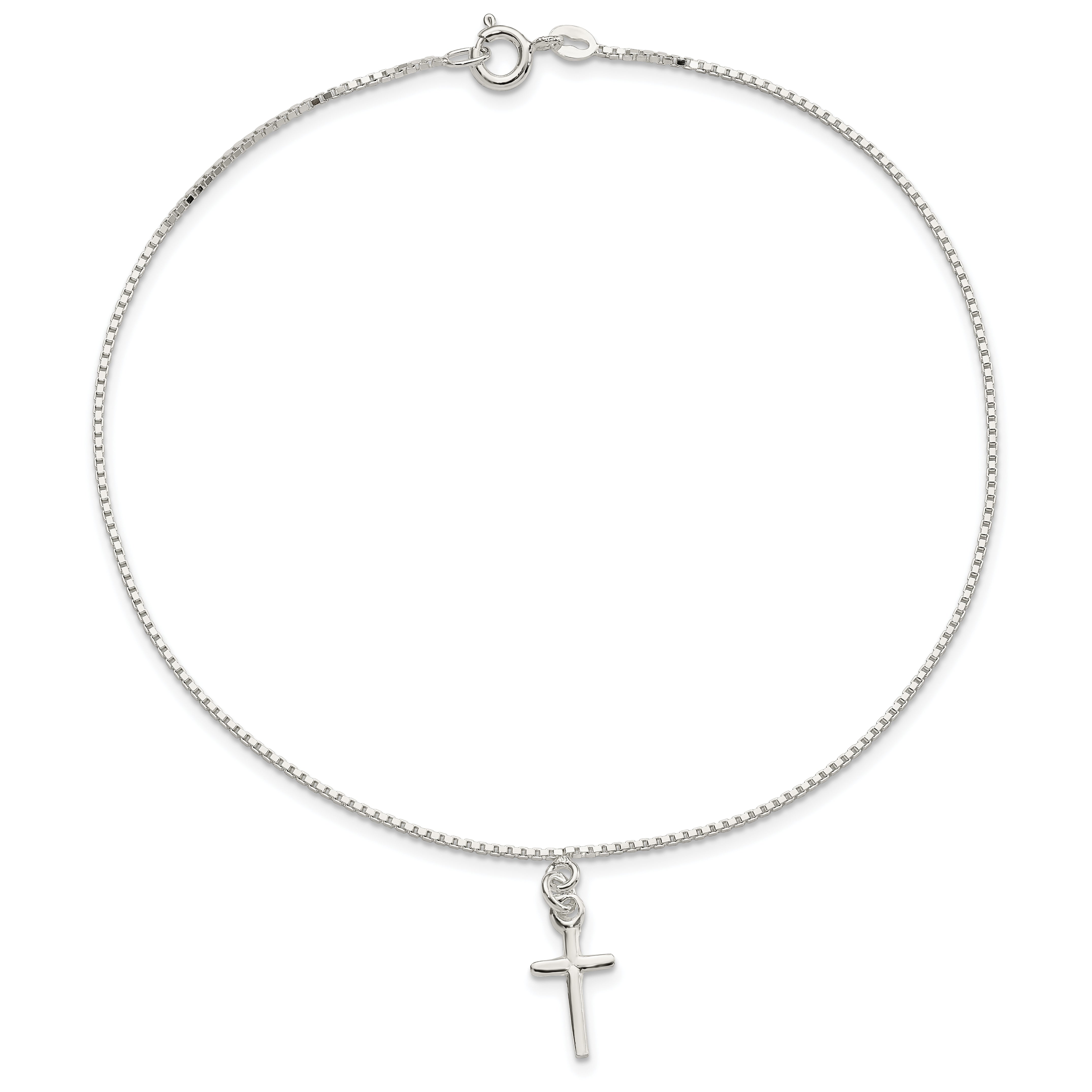 Sterling Silver 10 in Solid Polished Cross on Box Chain Anklet