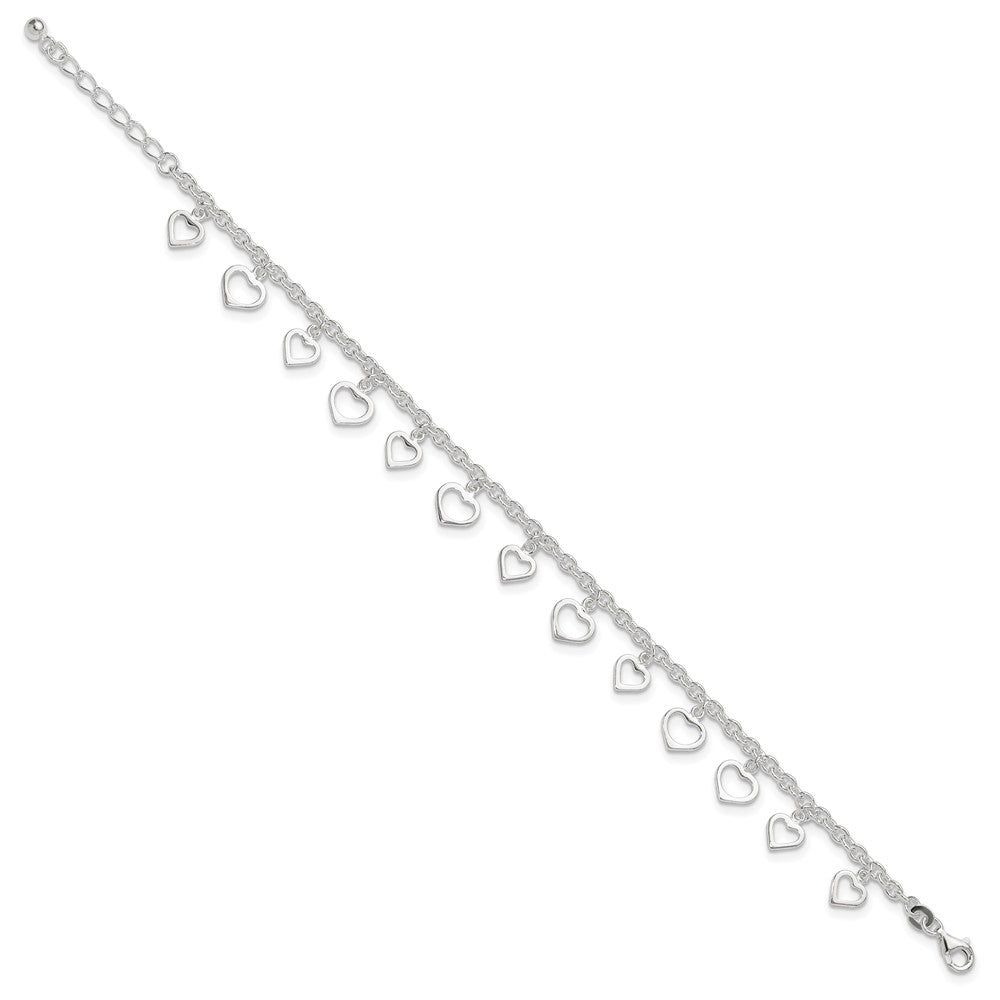 Sterling Silver 8 in Plus 1in Ext Polished Heart Anklet