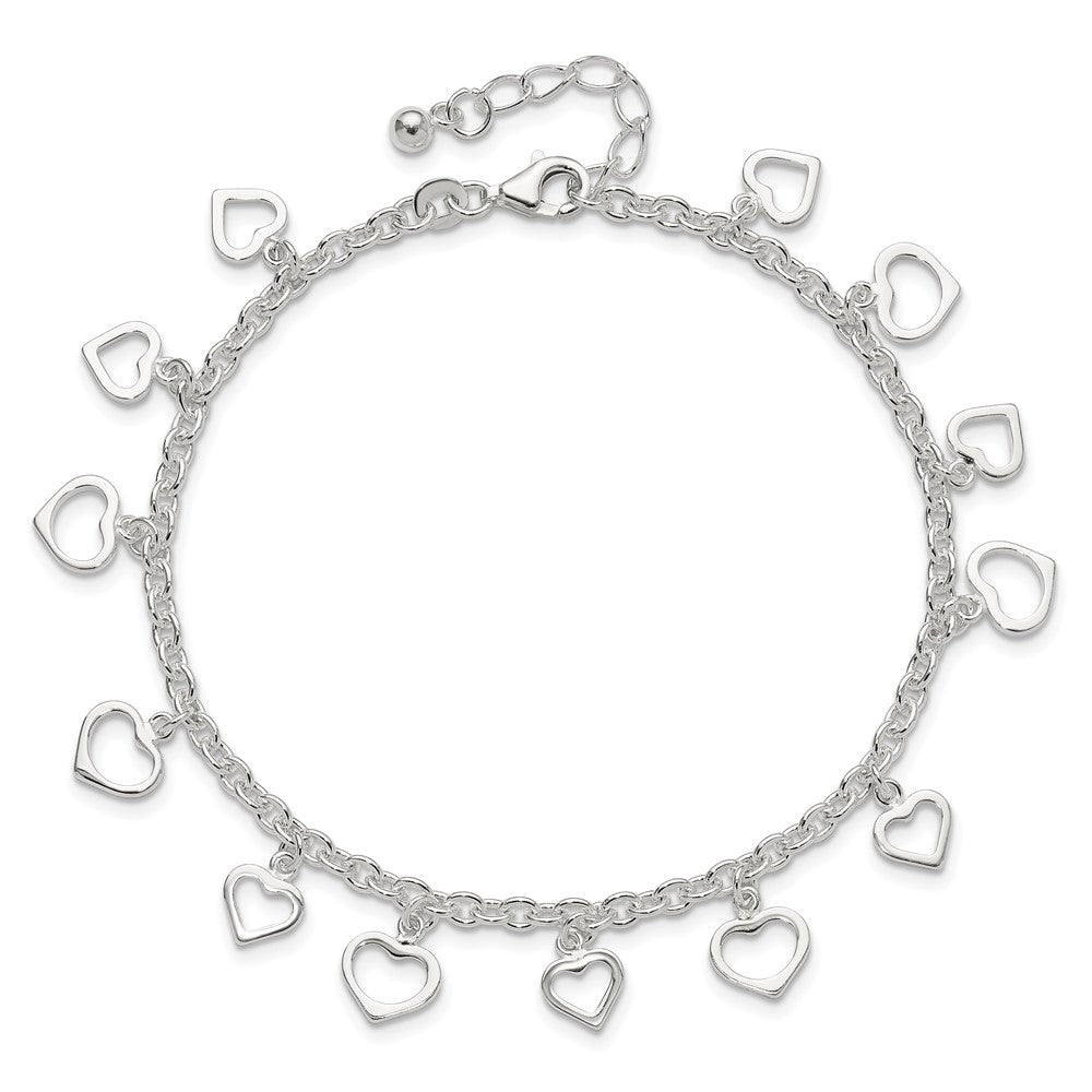 Sterling Silver 8 in Plus 1in Ext Polished Heart Anklet