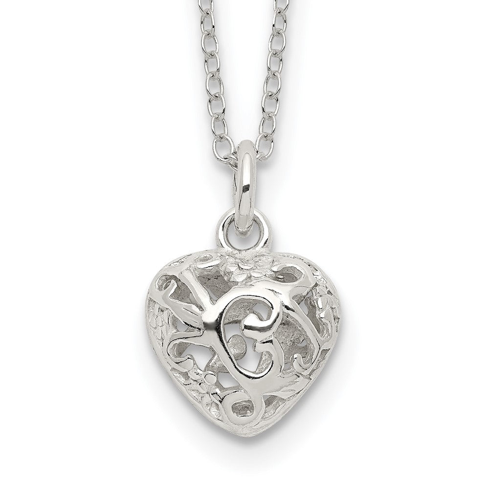 Sterling Silver Polished Puffed Filigree Heart 18 inch Necklace