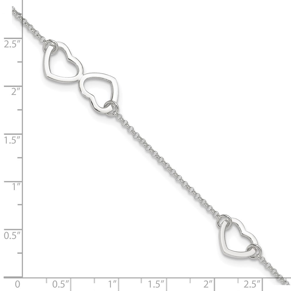 Sterling Silver Polished Heart 9in Plus 1in ext. Anklet