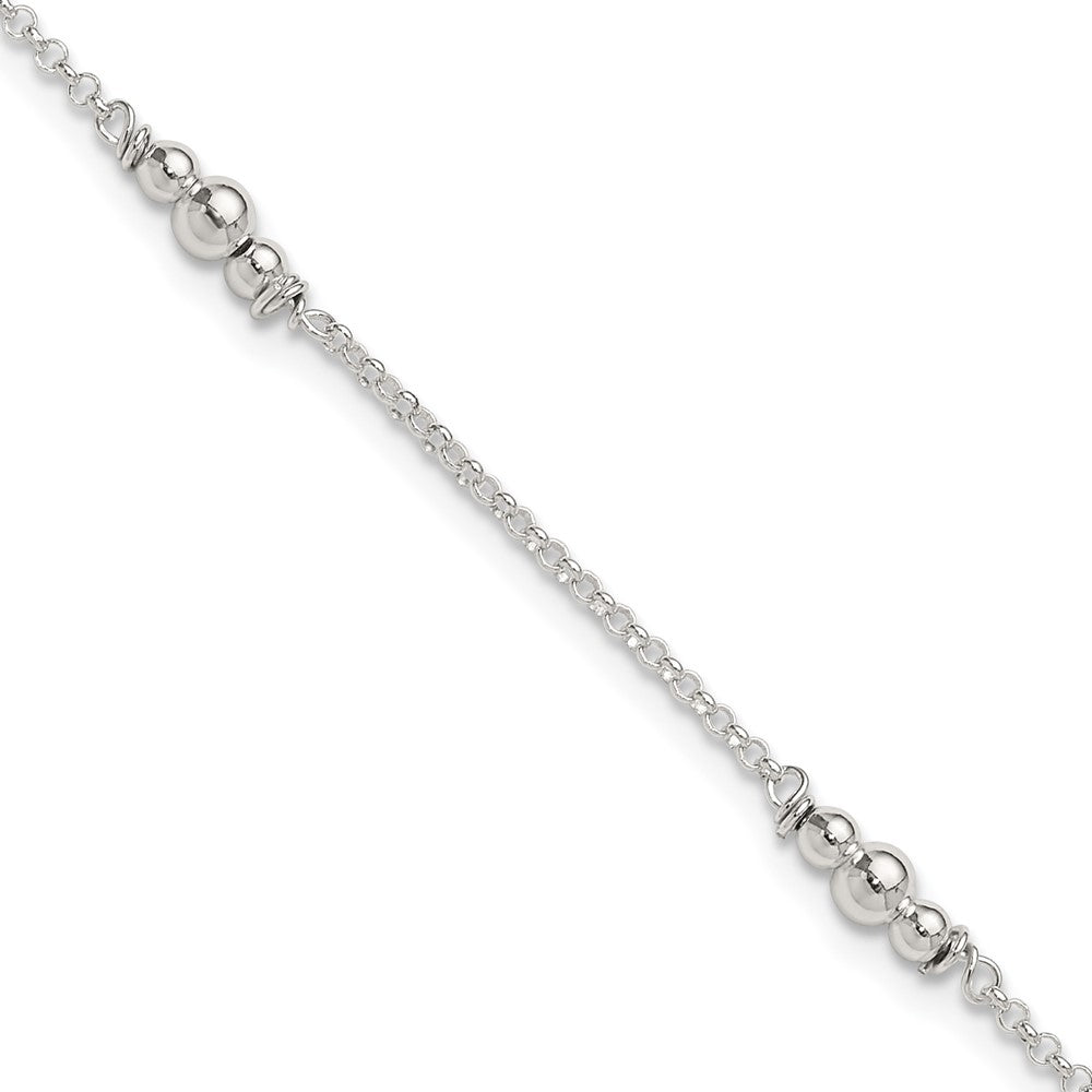 Sterling Silver Polished Bead 9in Plus 1in ext. Anklet