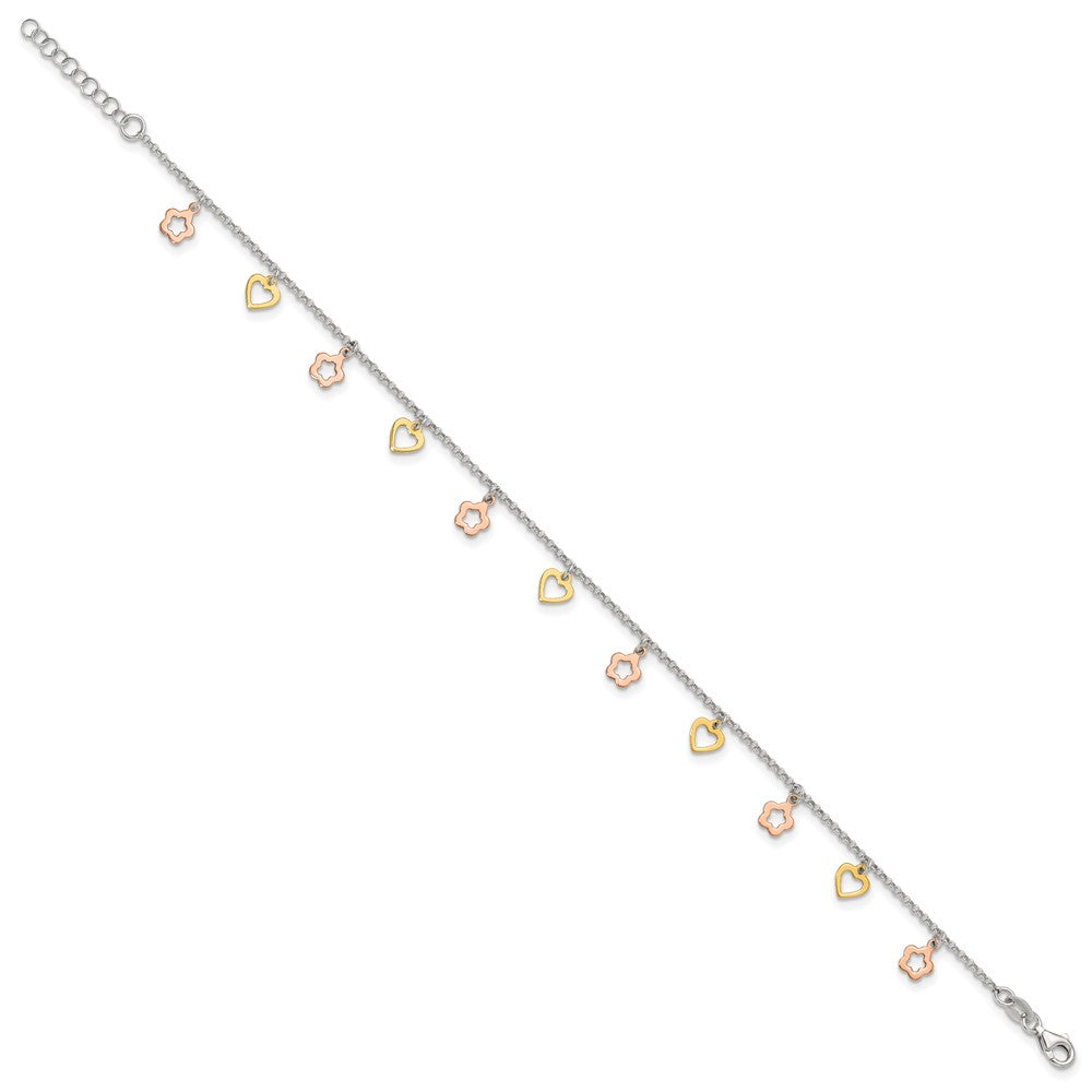 Sterling Silver Gold and Rose-tone Heart Flower 9in Plus 1in ext. Anklet