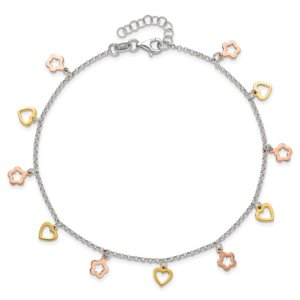 Sterling Silver Gold and Rose-tone Heart Flower 9in Plus 1in ext. Anklet