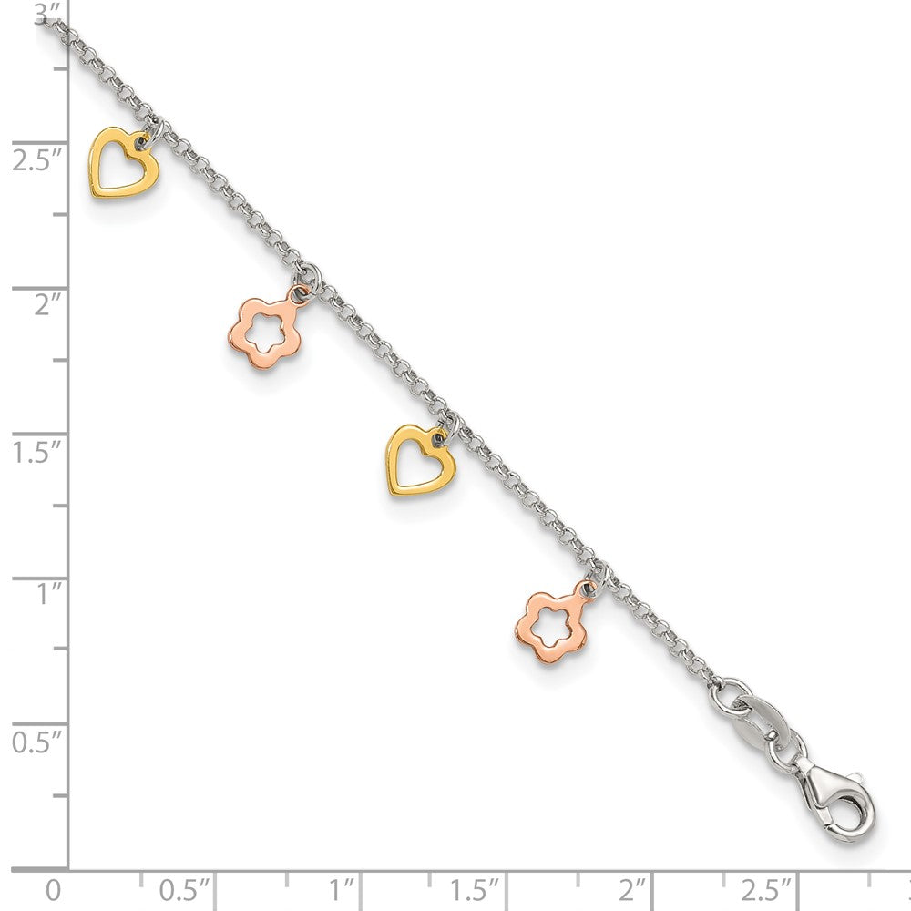 Sterling Silver Gold and Rose-tone Heart Flower 9in Plus 1in ext. Anklet