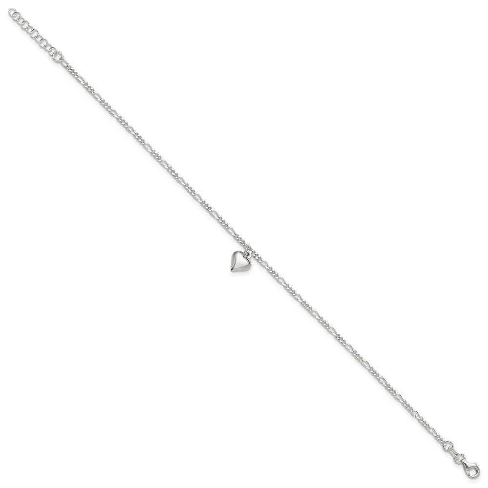 Sterling Silver Polished Heart 9 in Plus 1in ext. Anklet