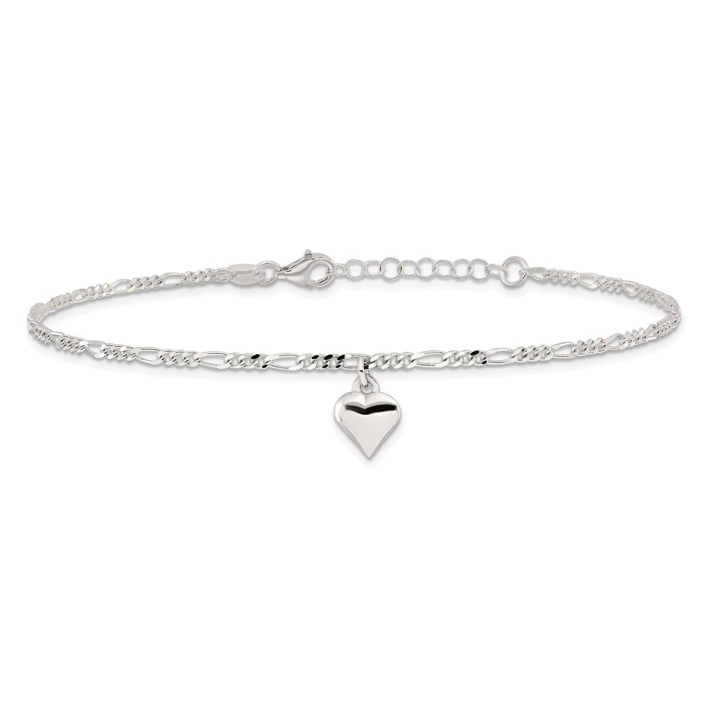 Sterling Silver Polished Heart 9 in Plus 1in ext. Anklet
