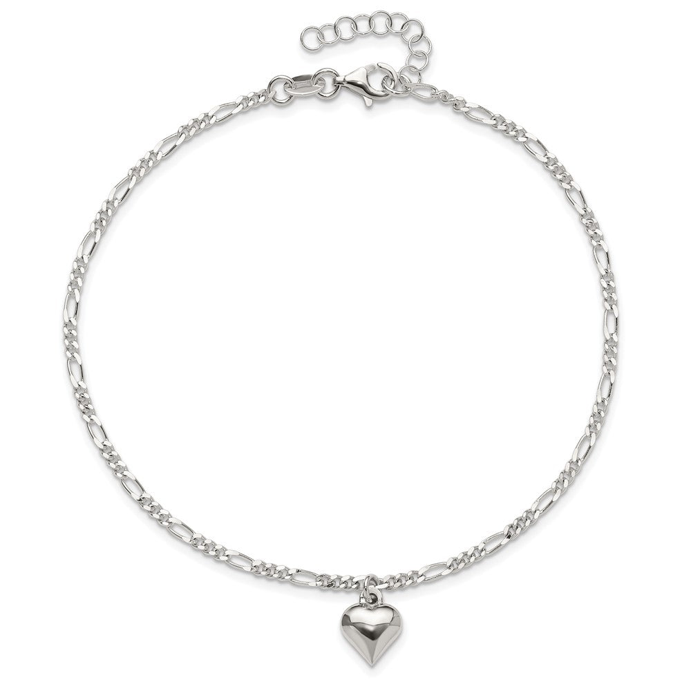 Sterling Silver Polished Heart 9 in Plus 1in ext. Anklet