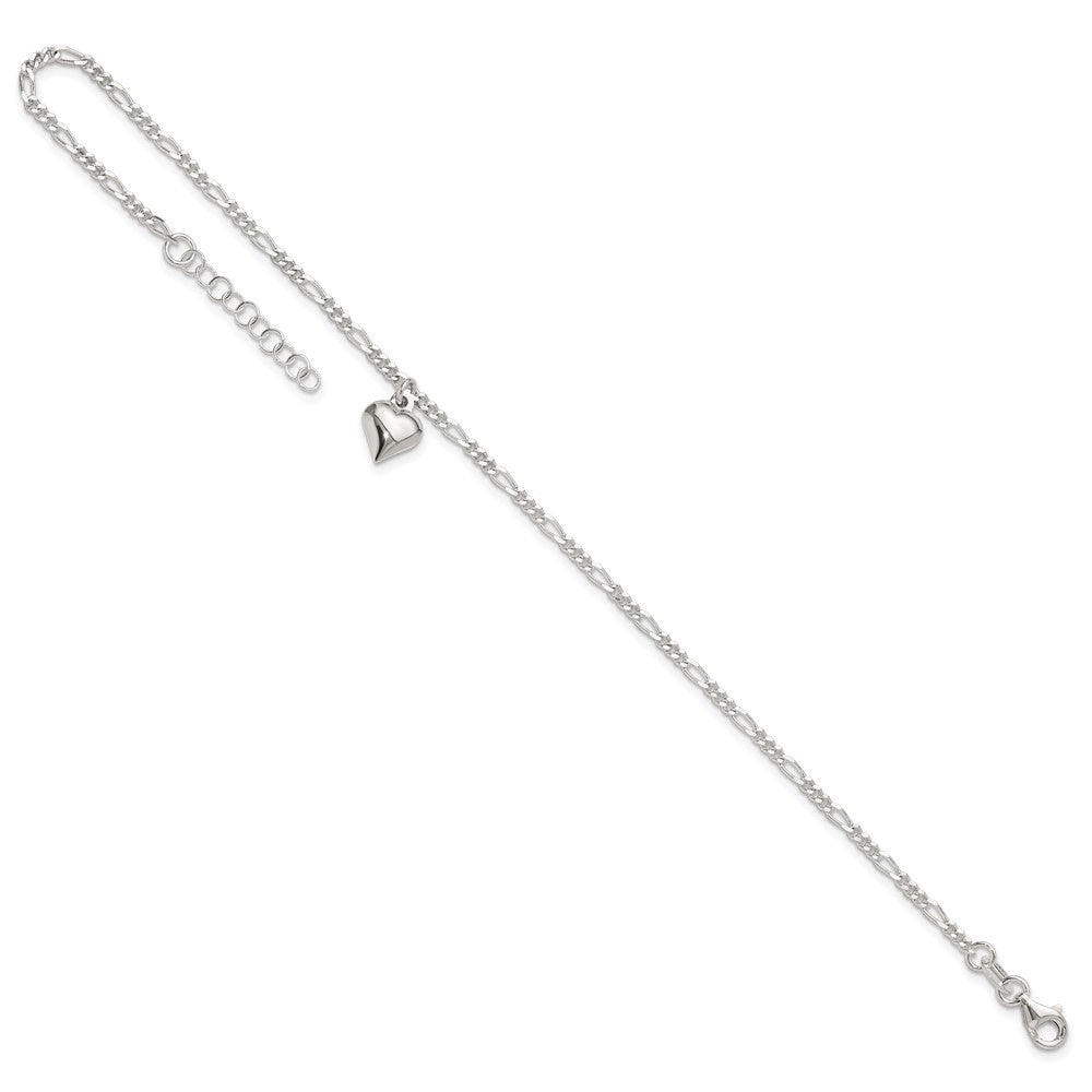 Sterling Silver Polished Heart 9 in Plus 1in ext. Anklet