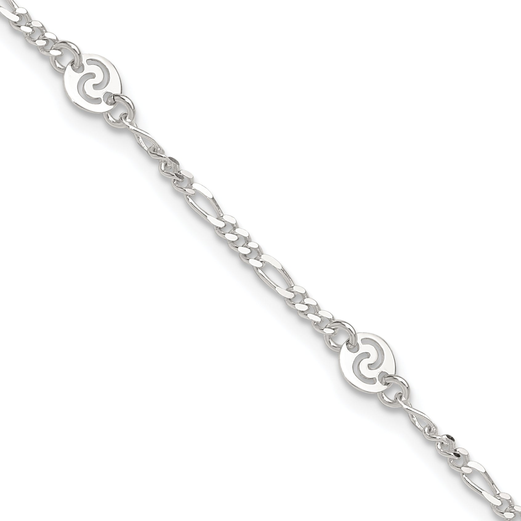 Sterling Silver Polished Swirl Disc 9in Plus 1in ext. Anklet