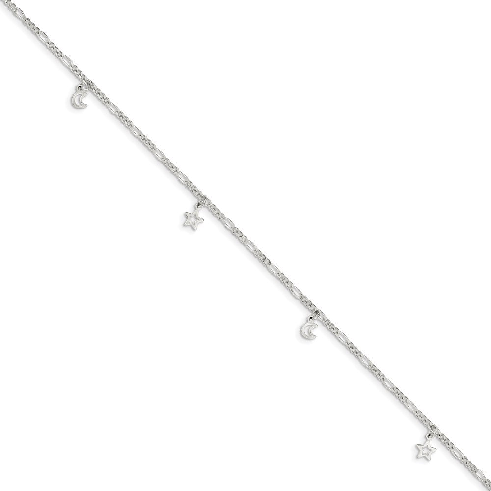 Sterling Silver Polished Star and Moon 9in Plus 1in Ext. Anklet