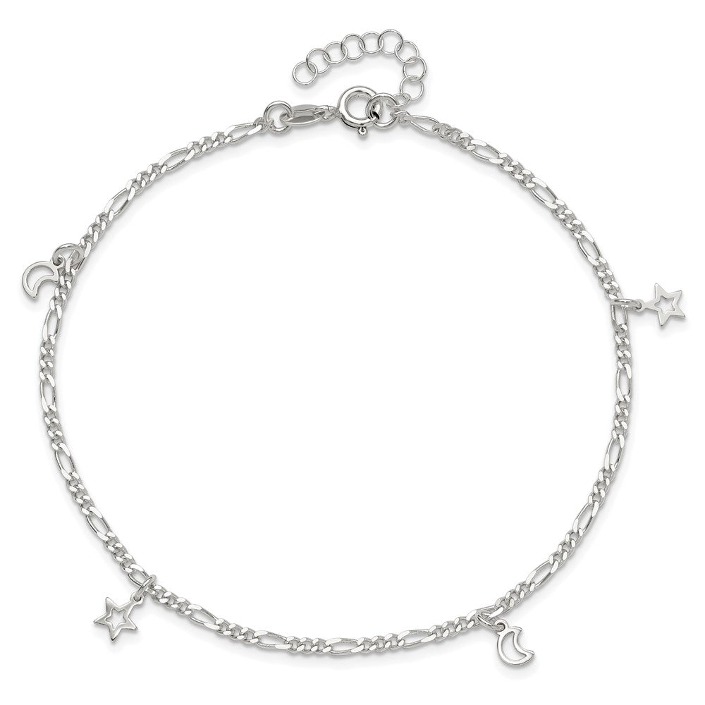 Sterling Silver Polished Star and Moon 9in Plus 1in Ext. Anklet