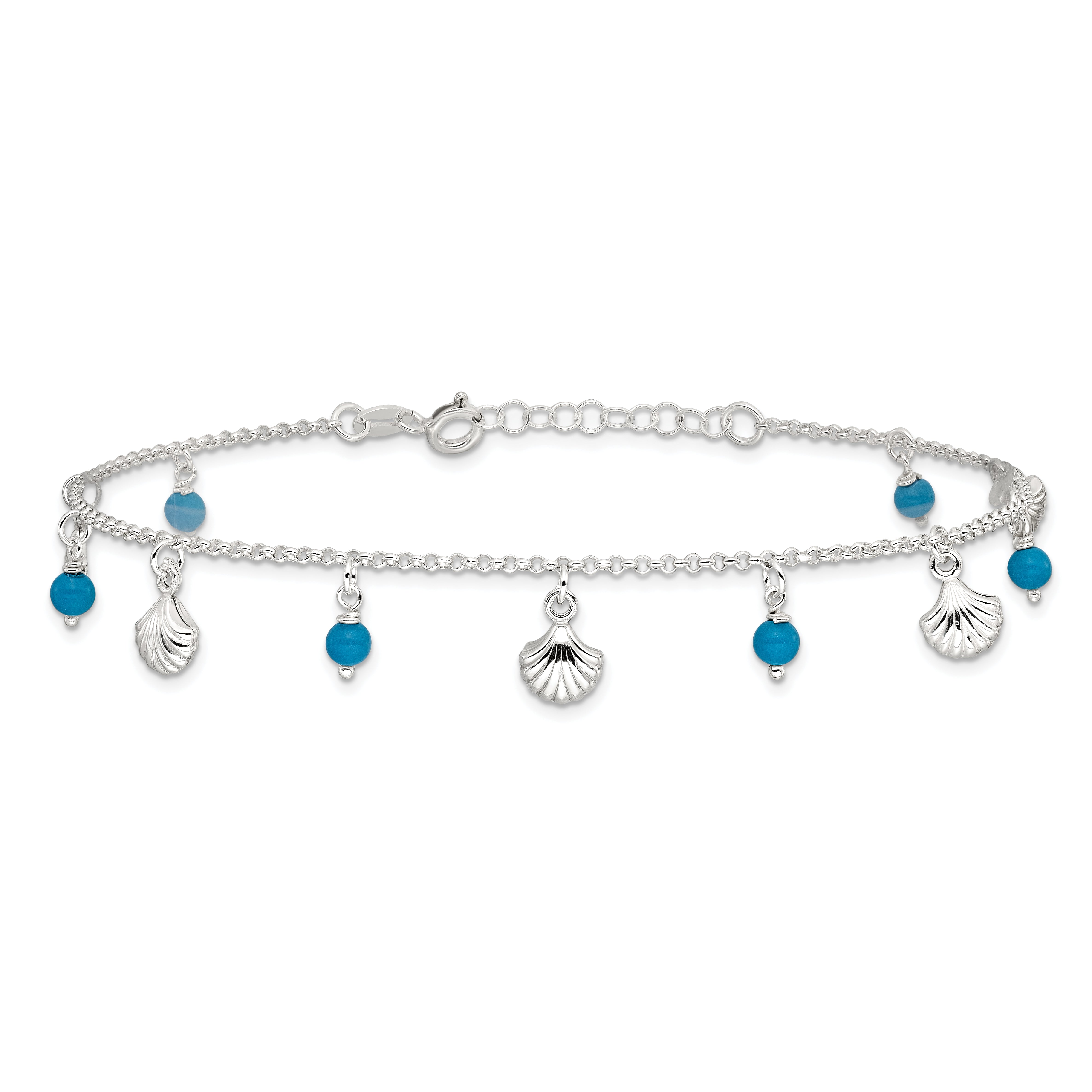 Sterling Silver Polished Shell and Turquoise 9in Plus 1in Ext. Anklet