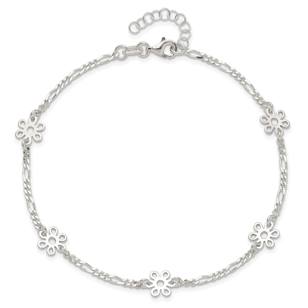 Sterling Silver Polished Flower 9in Plus 1in Ext. Anklet