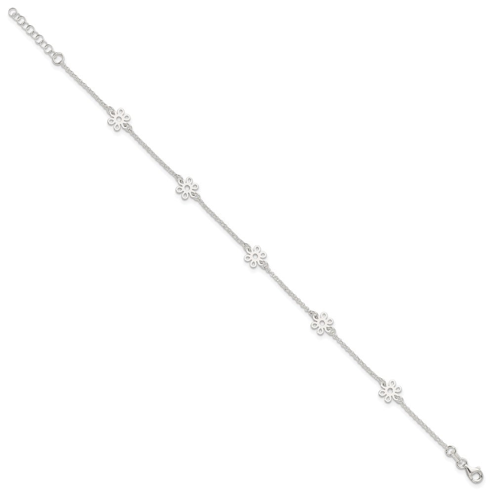 Sterling Silver Polished Flower 9in Plus 1in Ext. Anklet