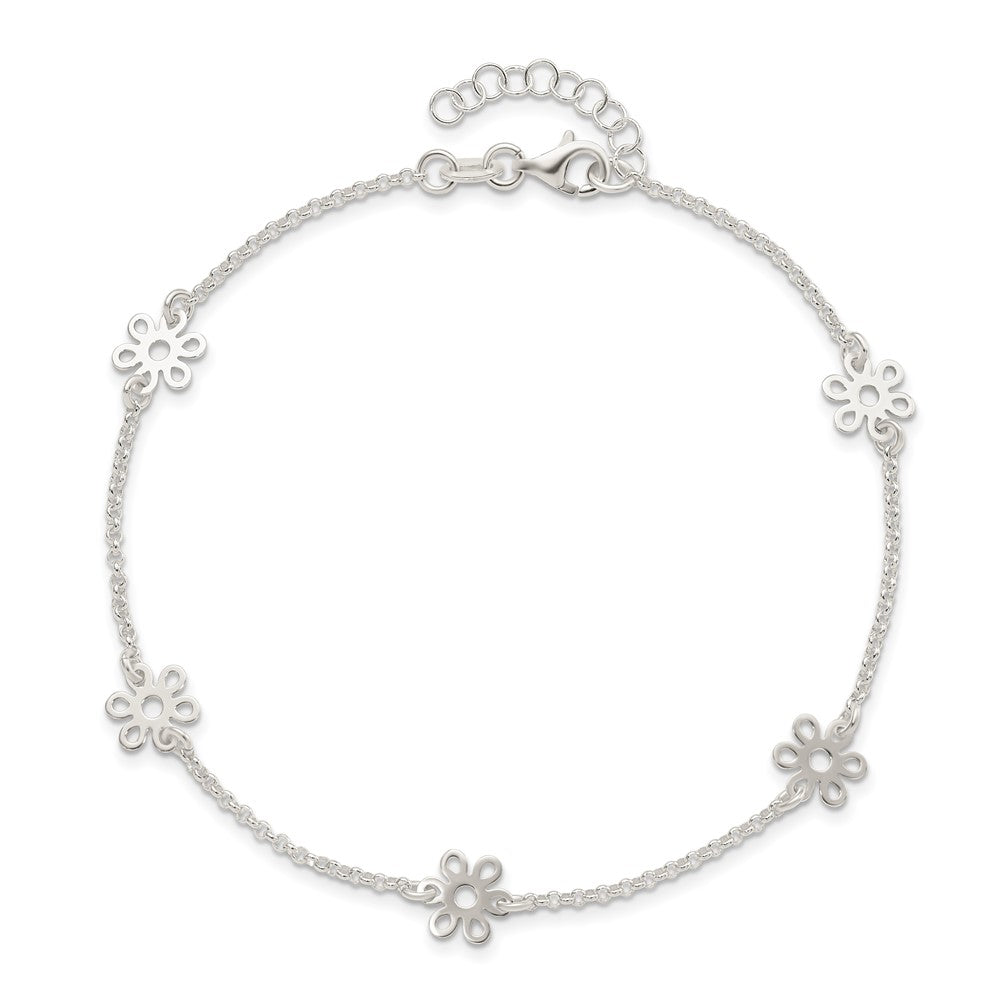 Sterling Silver Polished Flower 9in Plus 1in Ext. Anklet
