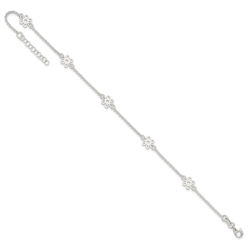 Sterling Silver Polished Flower 9in Plus 1in Ext. Anklet