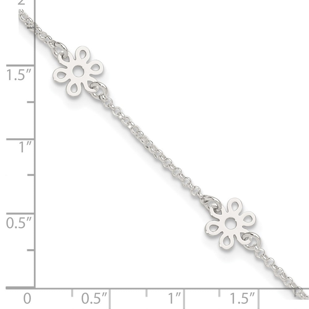 Sterling Silver Polished Flower 9in Plus 1in Ext. Anklet