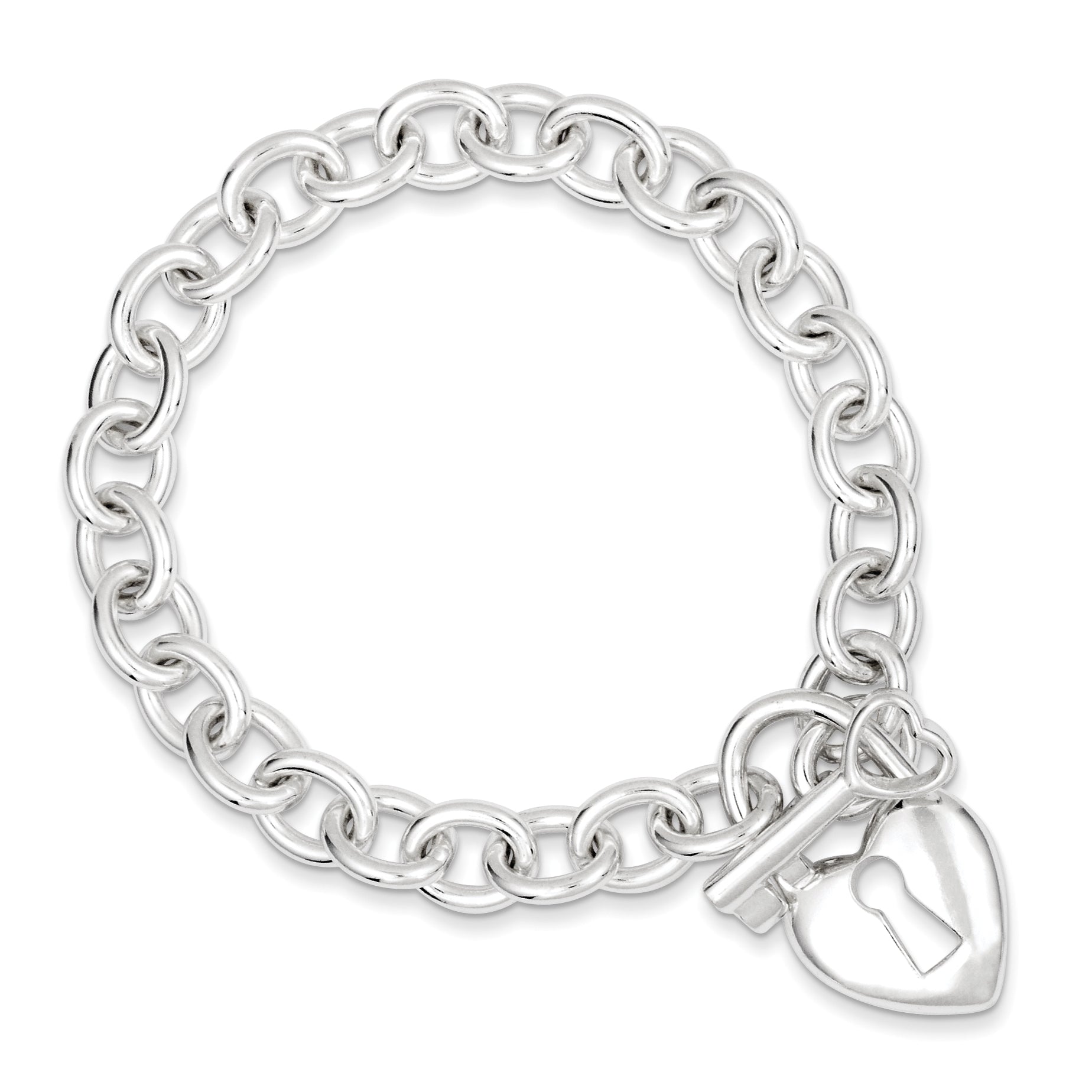 Sterling Silver Polished Heart and Key Bracelet