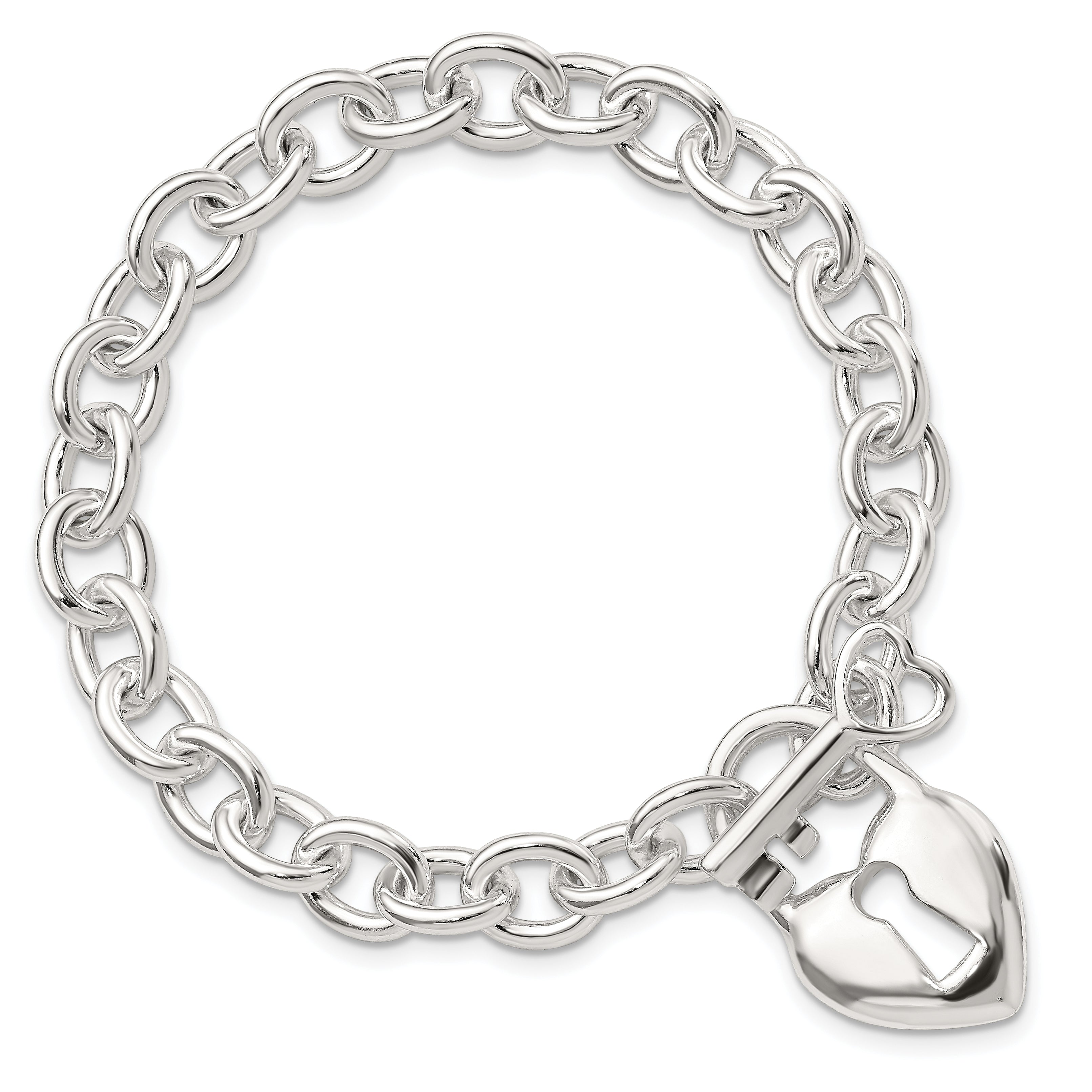 Sterling Silver Polished Heart and Key Bracelet