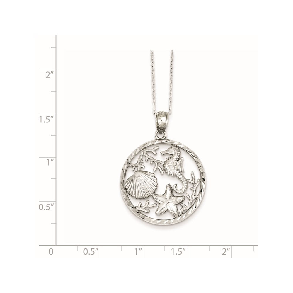 Sterling Silver Rhodium-plated Seahorse, Starfish and Shell Pendant