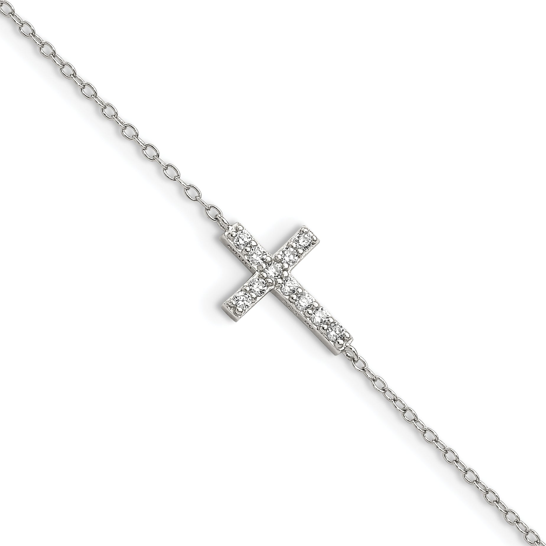 Sterling Silver Rhodium-plated CZ Sideways Cross w/1in Ext Bracelet