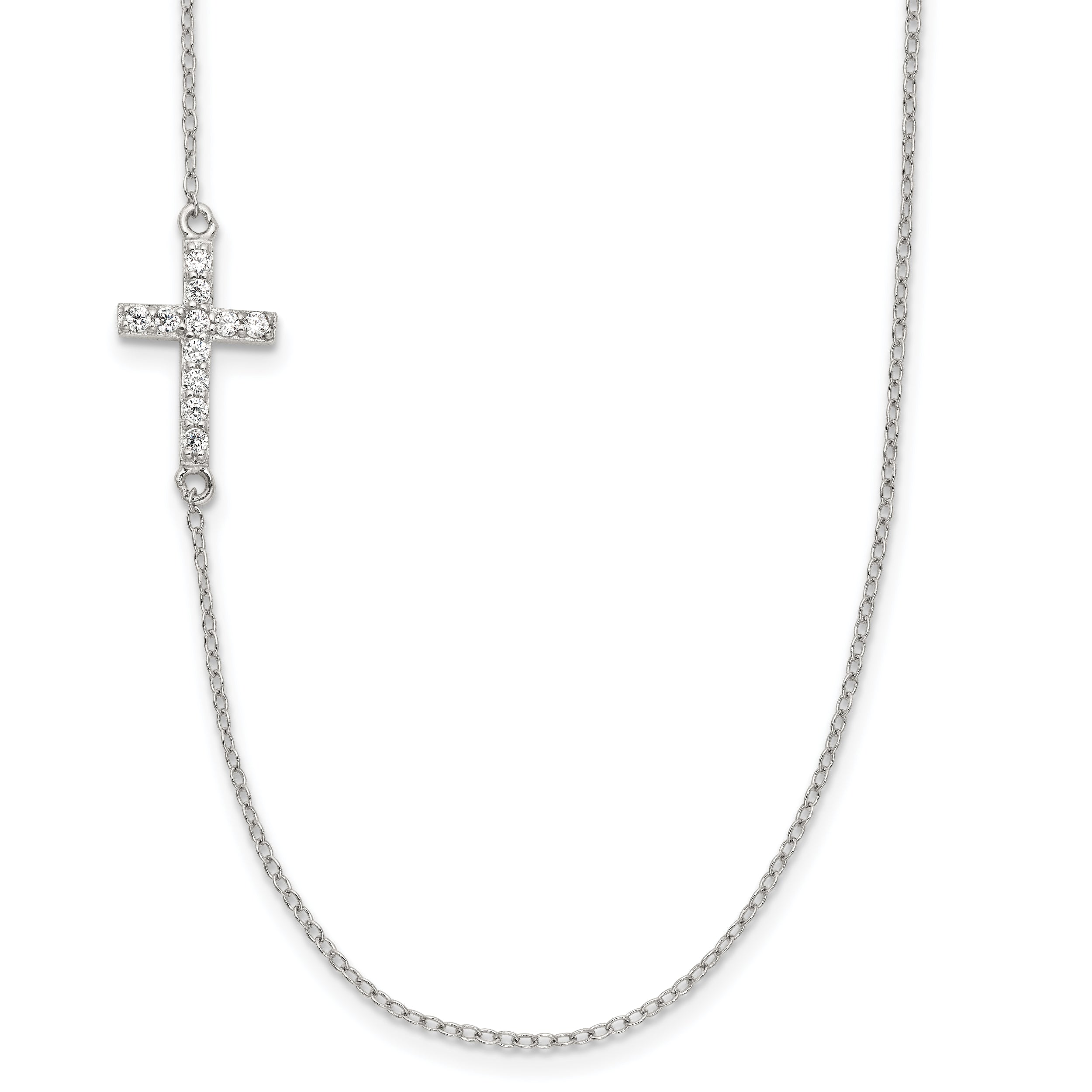 Sterling Silver Rhod-pltd CZ Offset Sideways Cross w/2in Ext Necklace