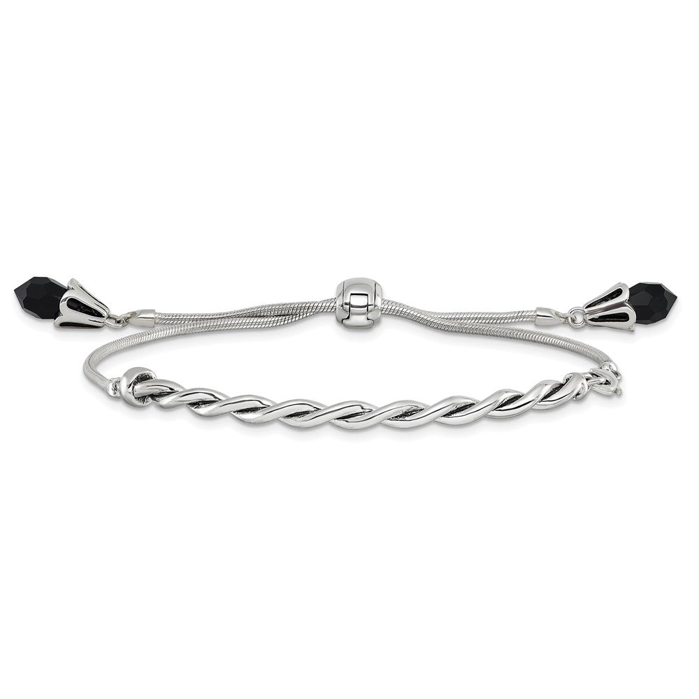 Sterling Silver Antiqued Reflections Black Crystal Adjustable Bracelet